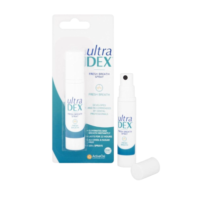 UltraDEX Mundspray mit Verpackung, alkoholfreies Atemspray für unterwegs zur schnellen Frische und täglichen Mundpflege.