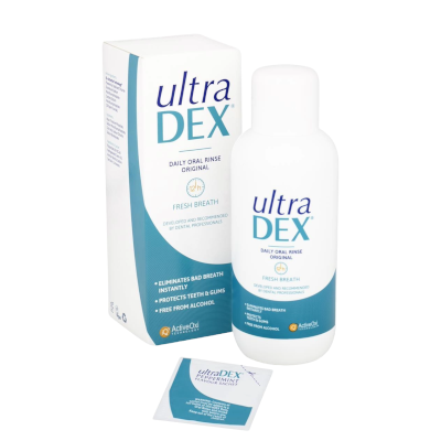 UltraDEX Mundspülung Original mit Verpackung und Minzaroma-Beutel, alkoholfreies Mundwasser für frischen Atem und die tägliche Mundpflege.